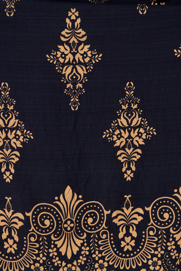 Amabelle Midi Dress in Navy with Tan Boho Linen Blend fabric