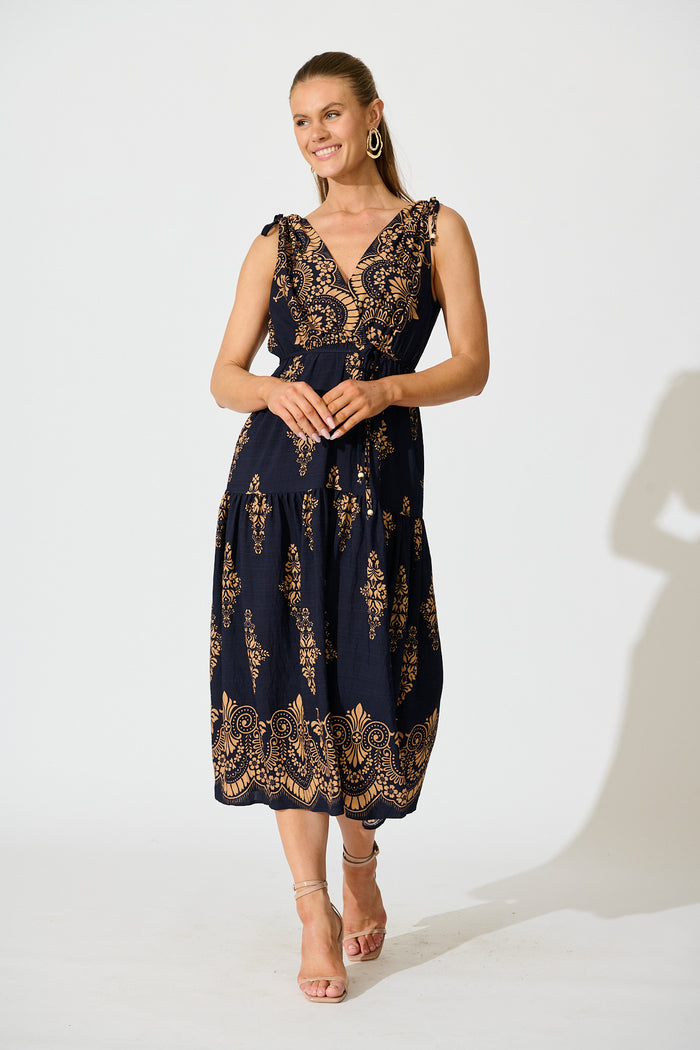 Amabelle Midi Dress in Navy with Tan Boho Linen Blend full length