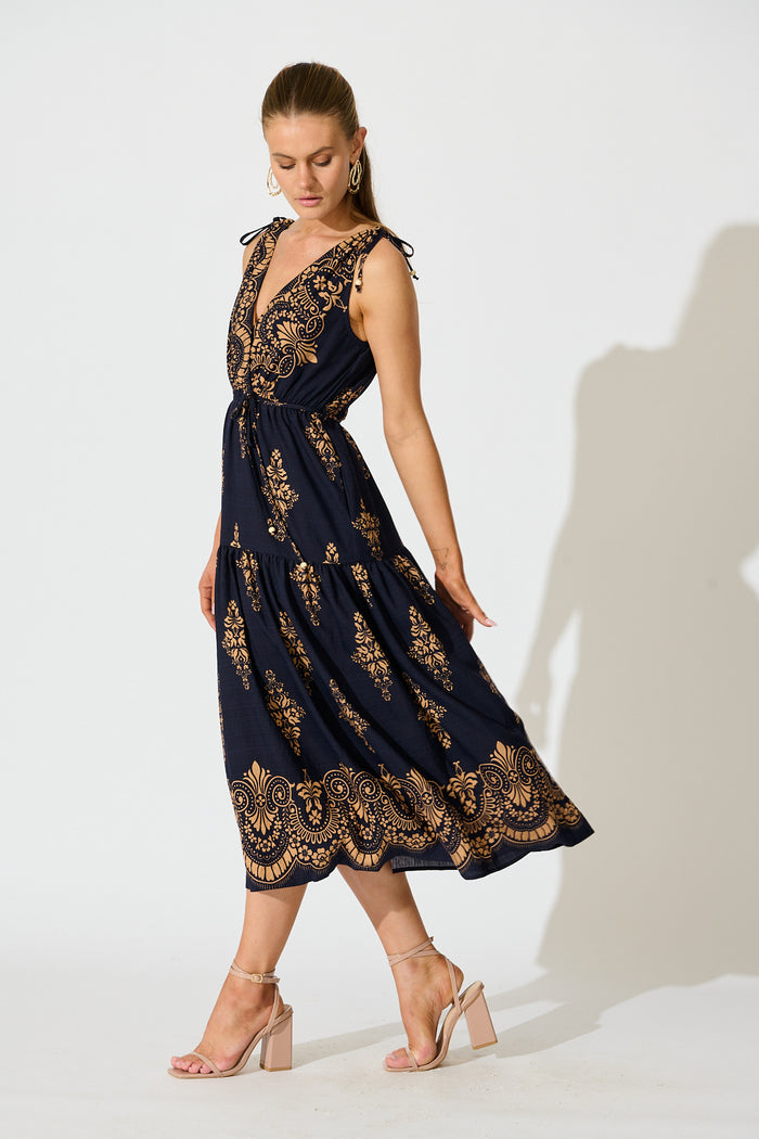 Amabelle Midi Dress in Navy with Tan Boho Linen Blend side