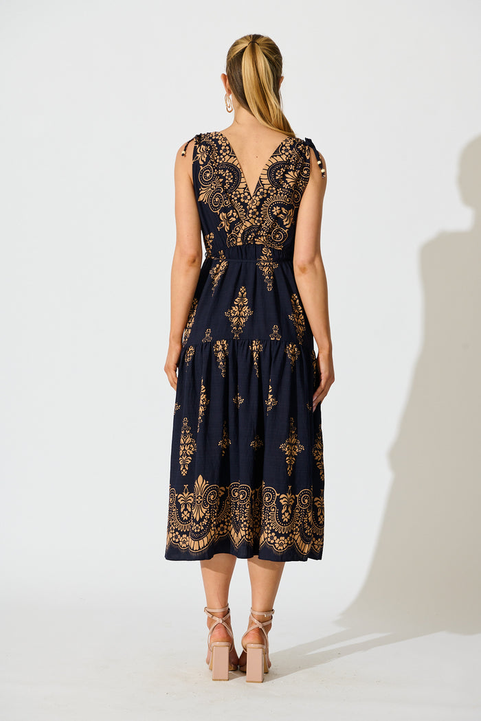 Amabelle Midi Dress in Navy with Tan Boho Linen Blend back