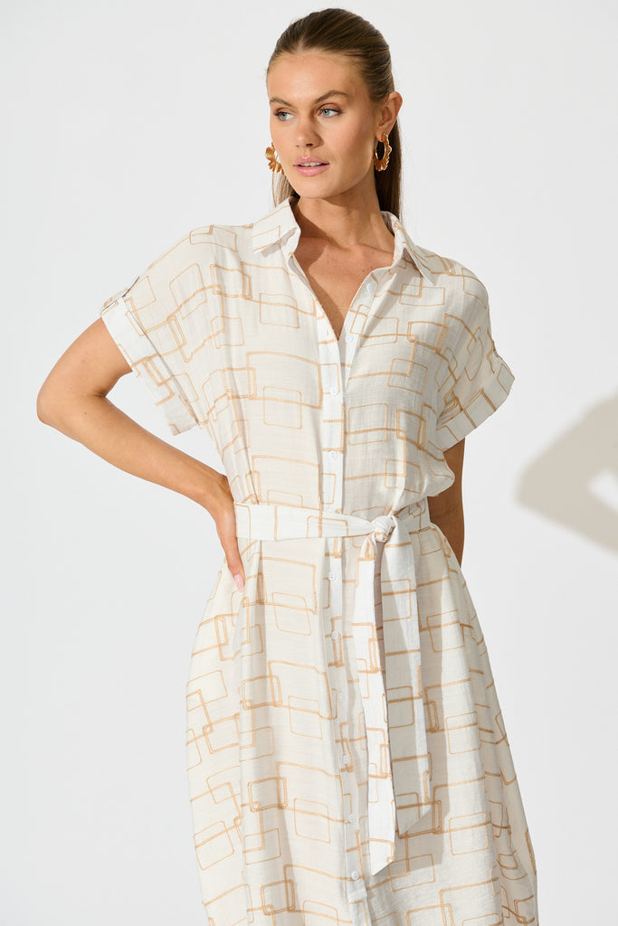 Hartlee Midi Shirt Dress in White Embroidery Linen Blend front