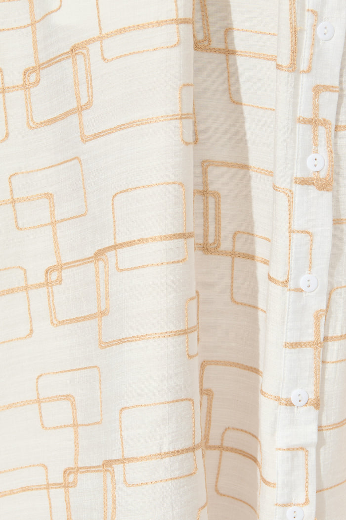 Hartlee Midi Shirt Dress in White Embroidery Linen Blend fabric