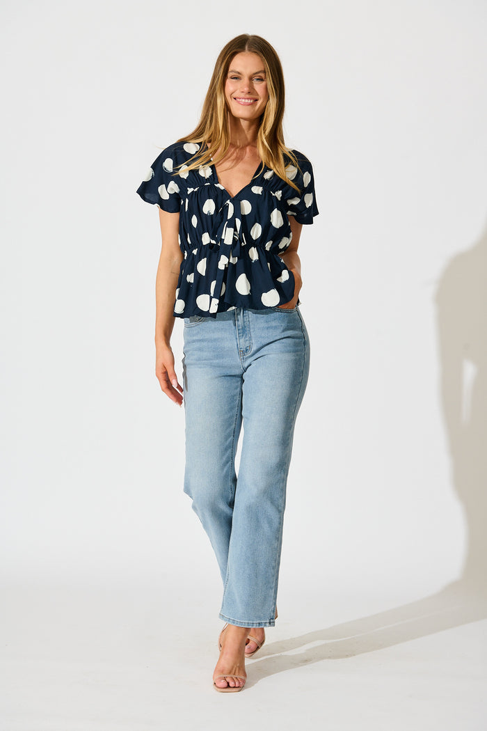 Dotted Rhythm Top in Navy with White Spot full length