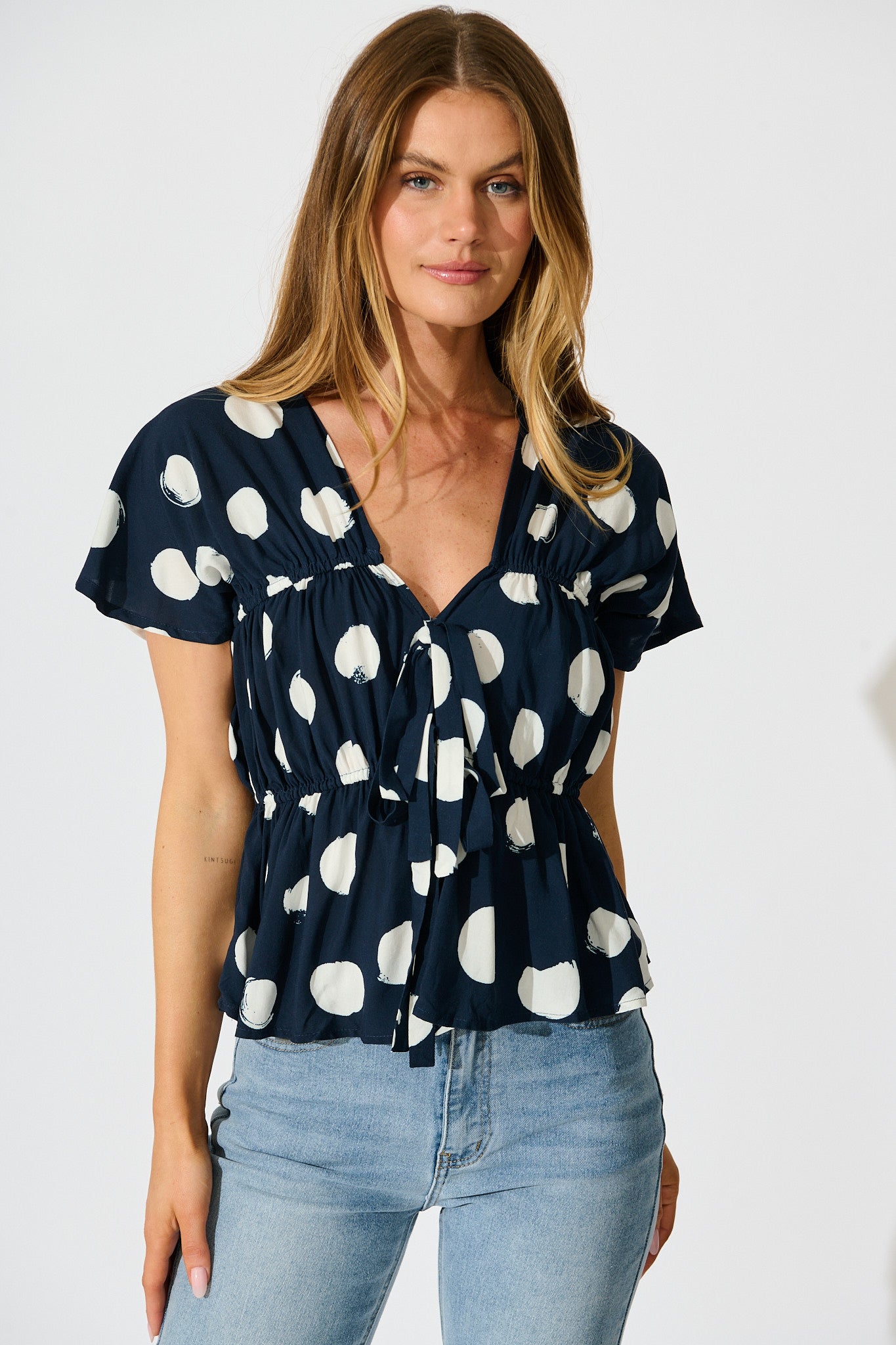 Dotted Rhythm Top in Navy with White Spot front