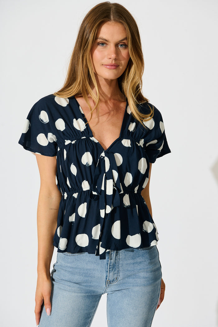 Dotted Rhythm Top in Navy with White Spot front