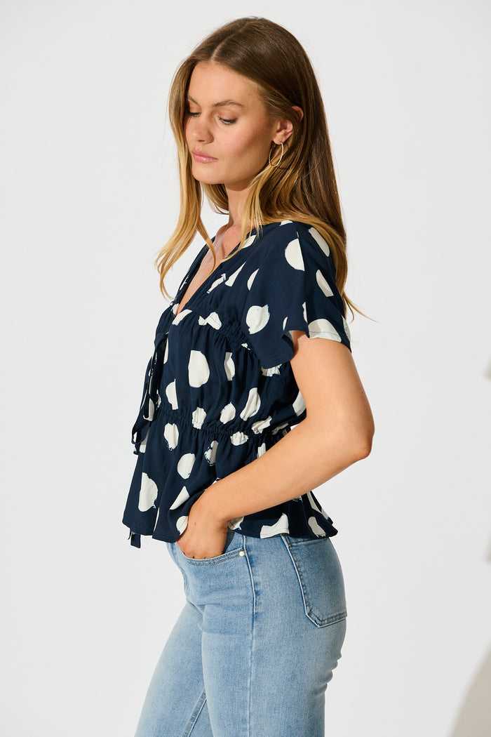 Dotted Rhythm Top in Navy with White Spot side