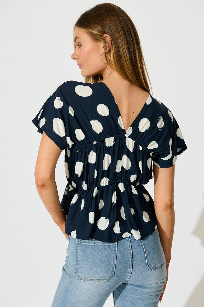 Dotted Rhythm Top in Navy with White Spot back