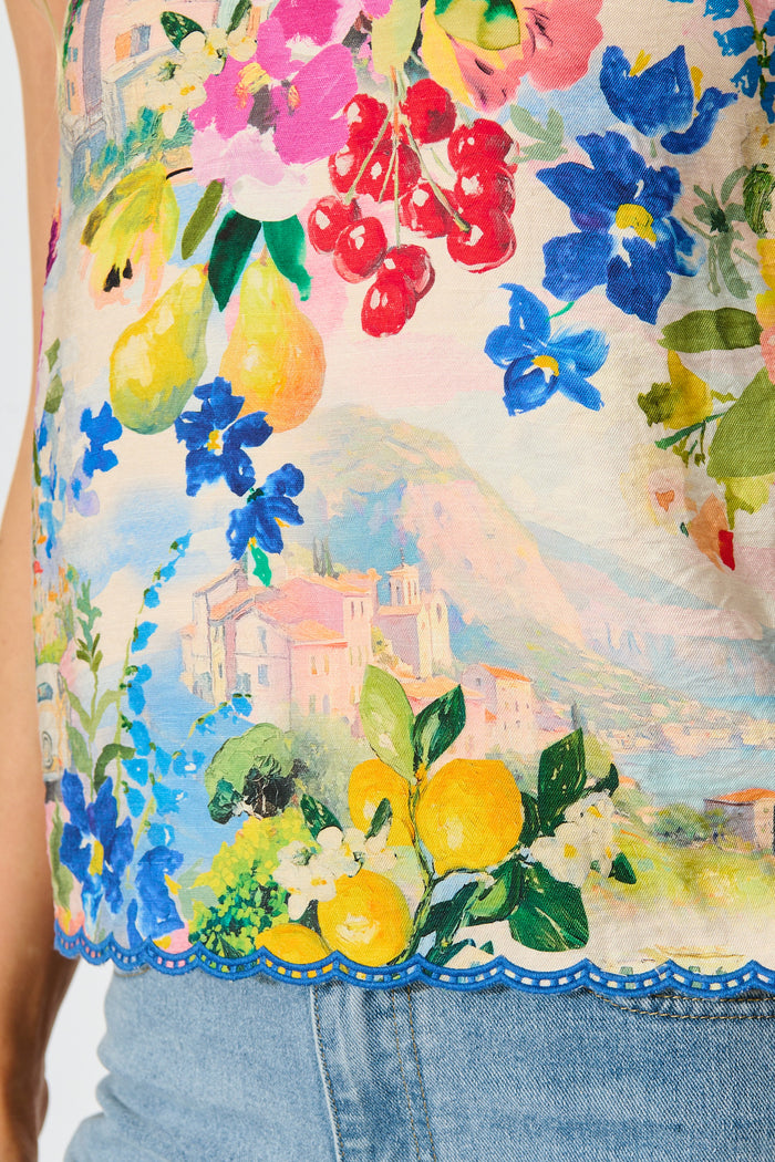 Sundrenched Citrus Top in Multi Floral with Navy Trim detail