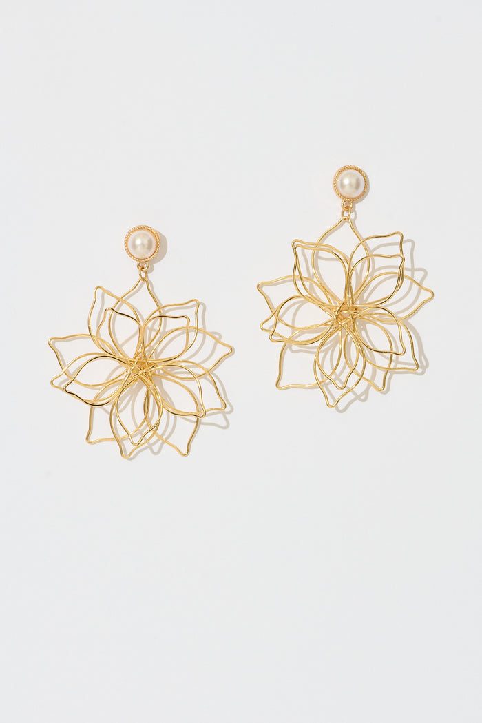 Costa Floral Drop Earrings in Gold with Pearl flatlay