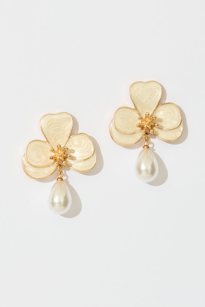 Osteria Orchid Drop Earrings in Gold with Pearlescent flatlay