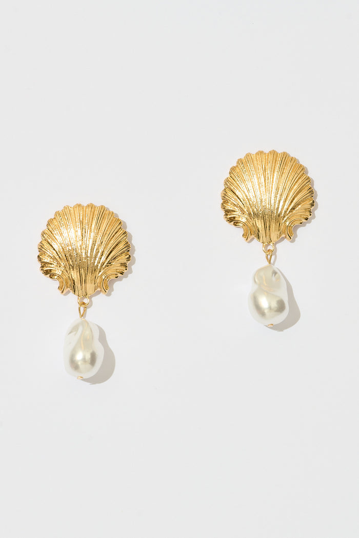 Soiree Drop Shell Earrings in Gold with Pearl flatlay