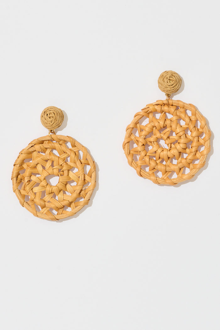 Leana Drop Earrings in Natural Raffia with Gold Accent flatlay