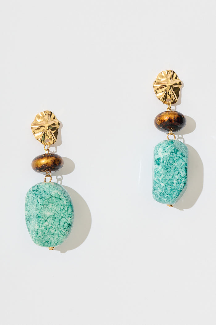 Lana Drop Earrings in Jade Stone with Gold Textured Detail flatlay