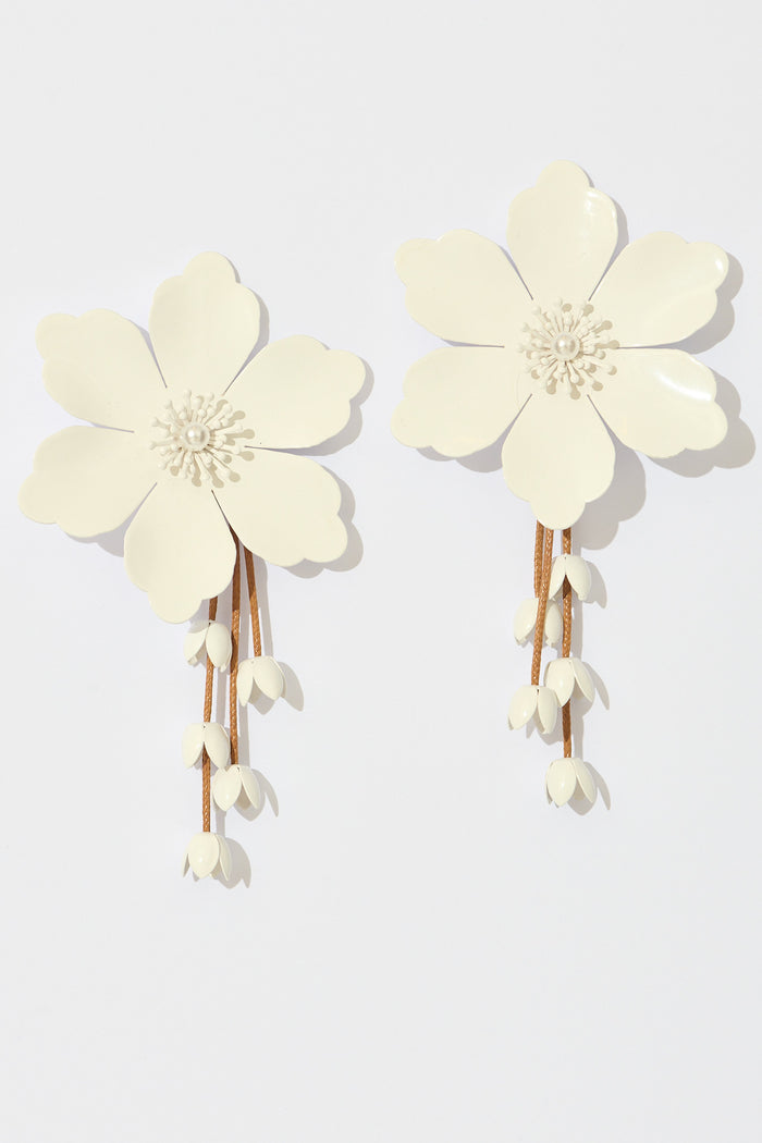 Yuki Earrings in White Blossom with Dangling Petals flatlay