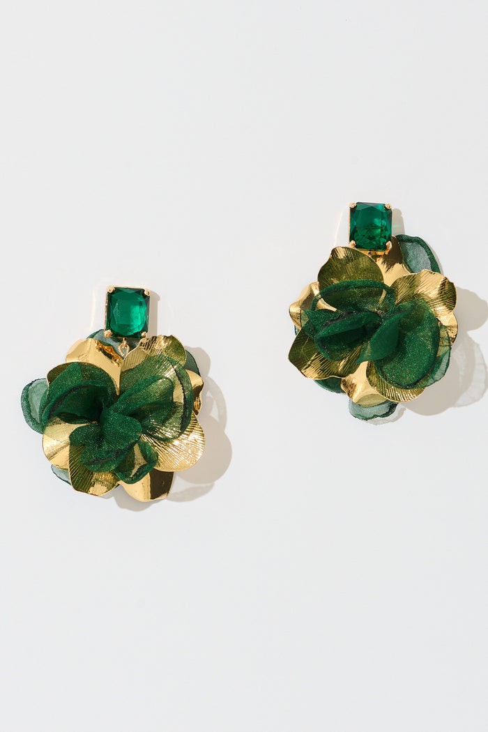 Rowena Drop Earrings in Emerald flatlay