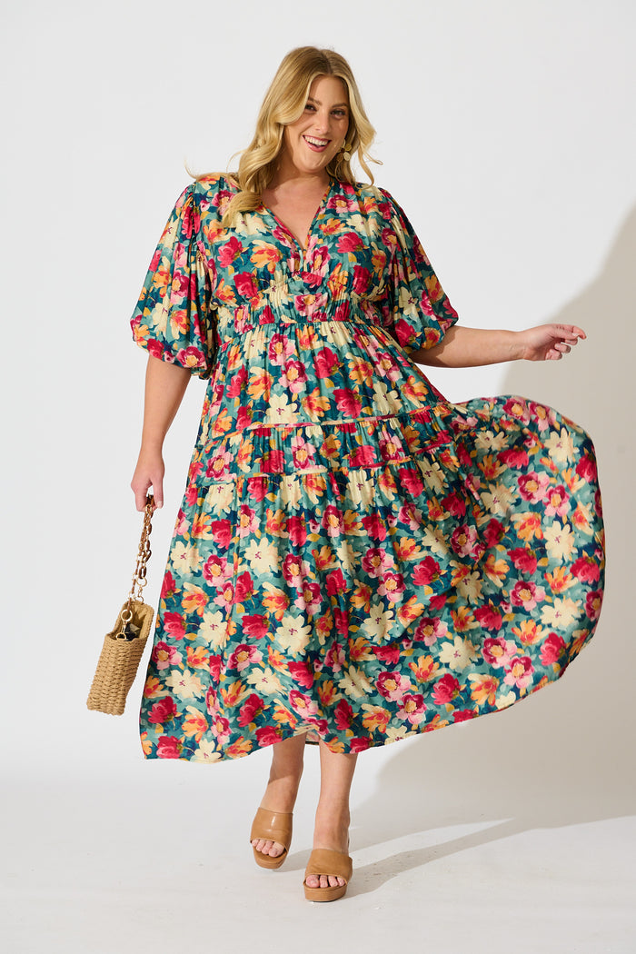 Amalie Midi Dress in Jade Floral Print curve