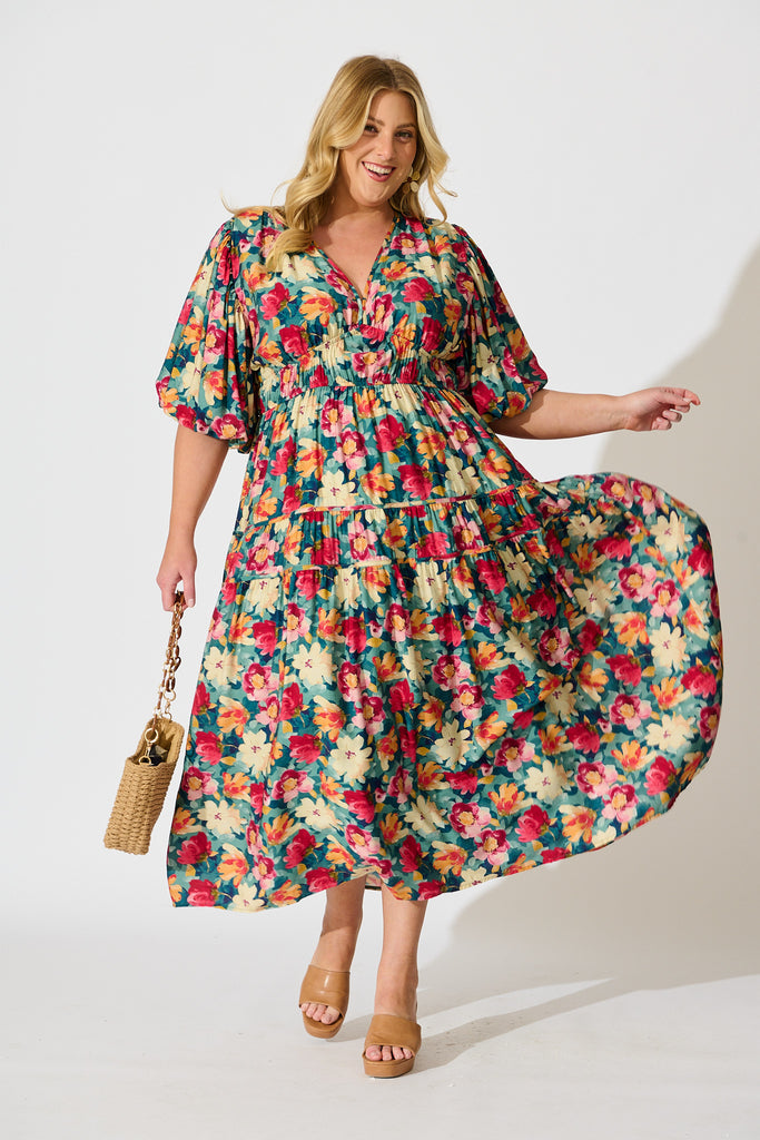 Amalie Midi Dress in Jade Floral Print curve