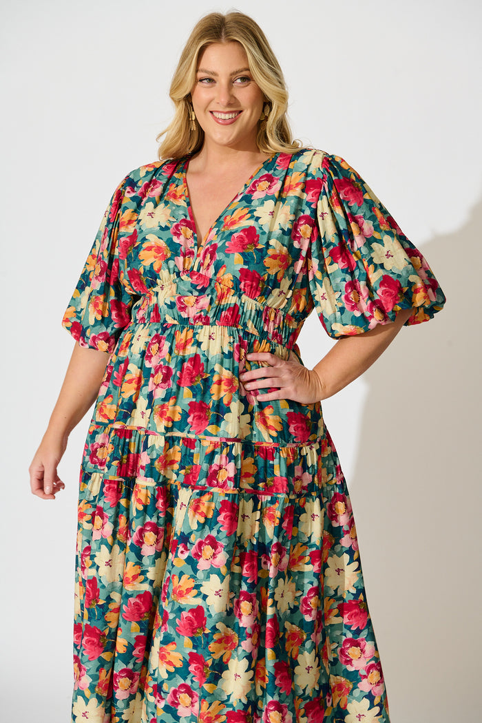 Amalie Midi Dress in Jade Floral Print front