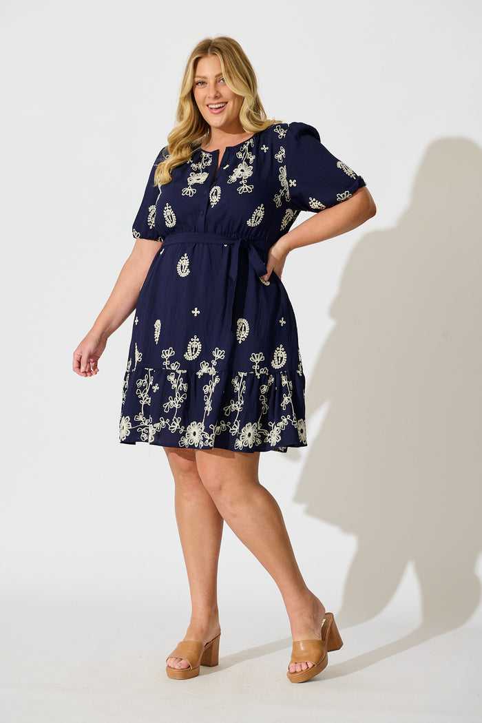 Tainted Love Dress in Navy with Cream Embroidery side