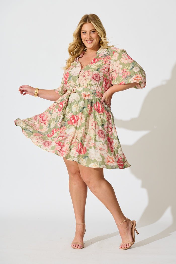 Vintage Blossom Dress in Sage with Blush Floral curve
