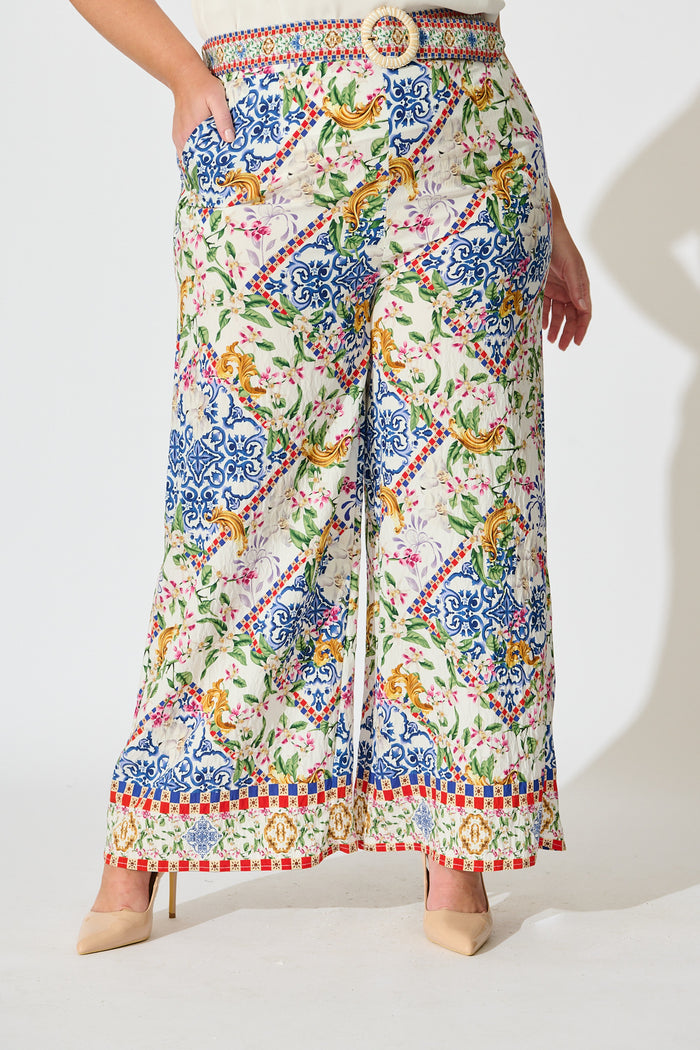 Villa Botanica Pant in White with Multi Print curve