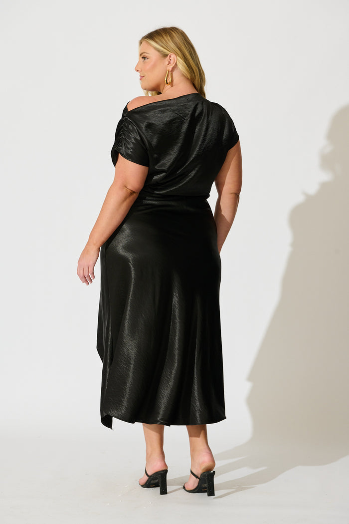 Satin Glow Off Shoulder Maxi Dress in Black Satin back