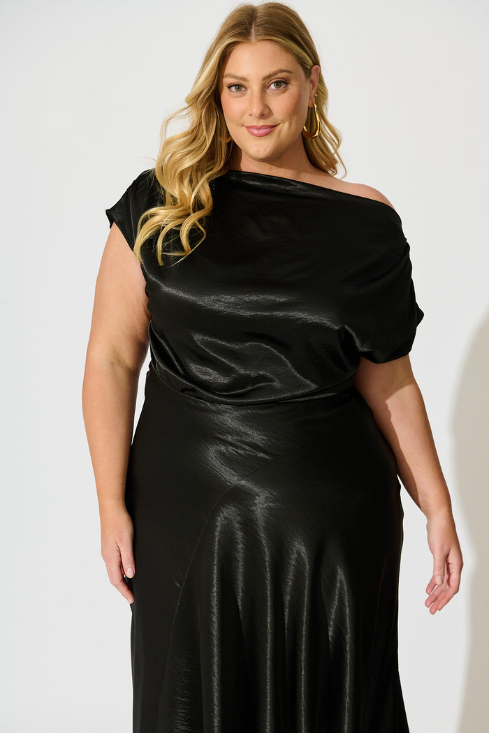 Satin Glow Off Shoulder Maxi Dress in Black | St Frock Satin Glow Off Shoulder Maxi Dress in Black | St Frock