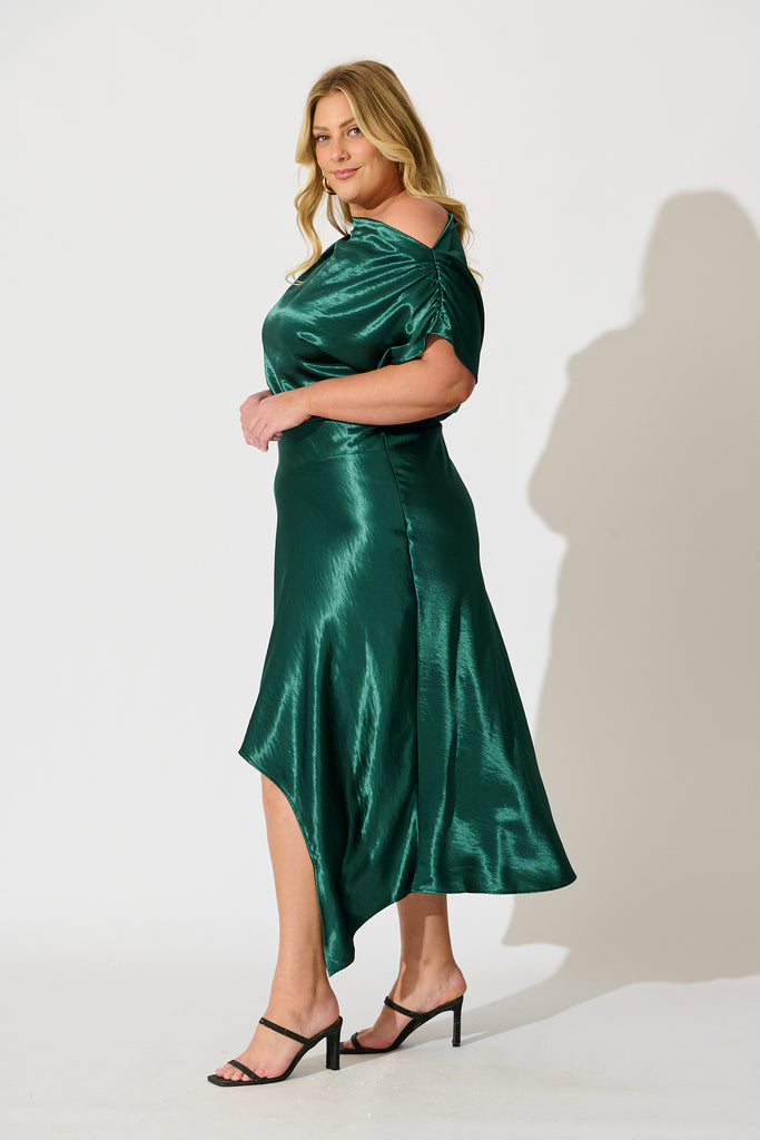 Satin Glow Off Shoulder Maxi Dress in Emerald Satin side