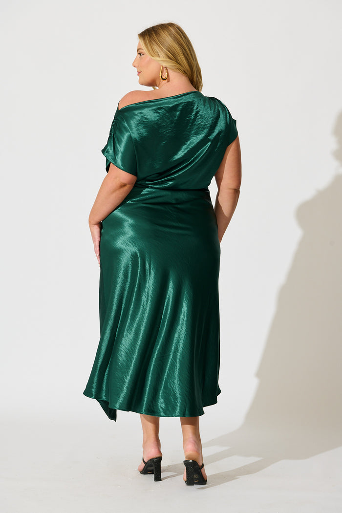 Satin Glow Off Shoulder Maxi Dress in Emerald Satin back