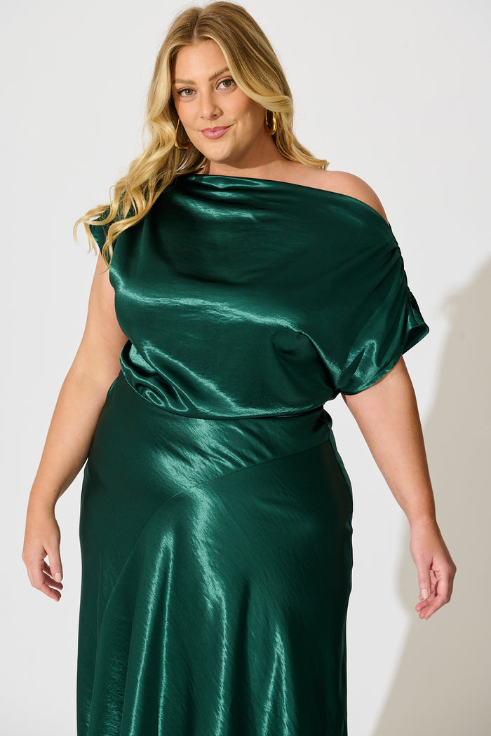 Satin Glow Off Shoulder Maxi Dress in Emerald Satin front