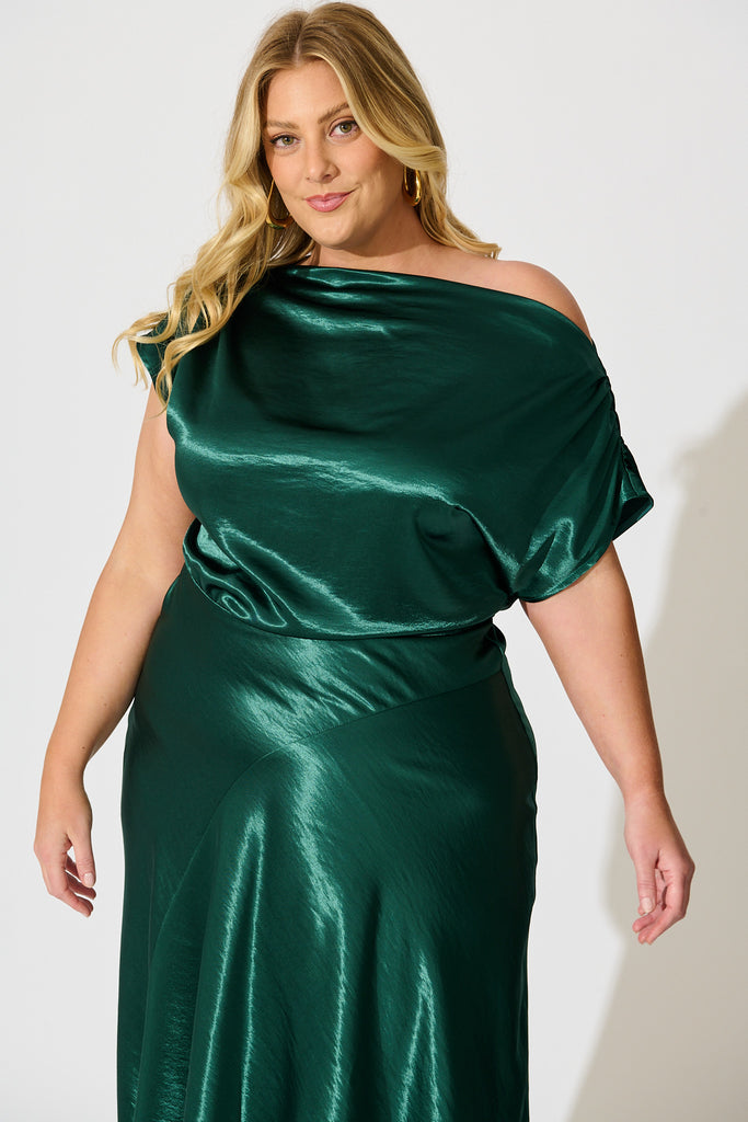 Satin Glow Off Shoulder Maxi Dress in Emerald Satin front
