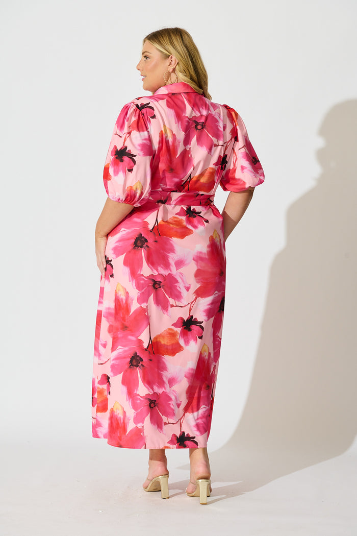 Gabriela Maxi Shirt Dress in Pink Floral Satin back