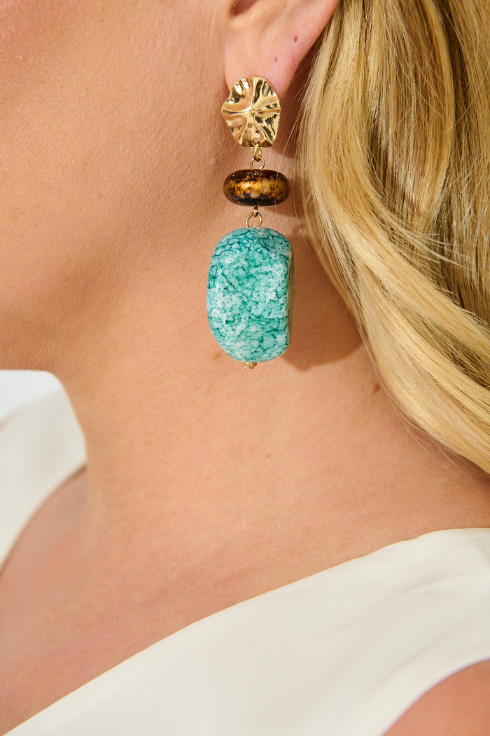 Lana Drop Earrings in Jade Stone with Gold Textured Detail on model close up