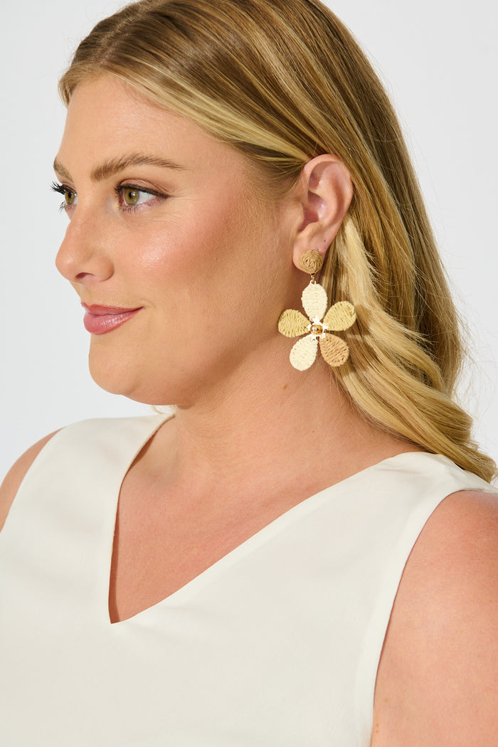 Isolde Drop Earrings in Multi Brown Raffia on model side