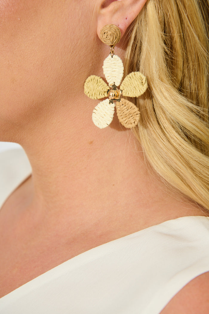 Isolde Drop Earrings in Multi Brown Raffia on model close up