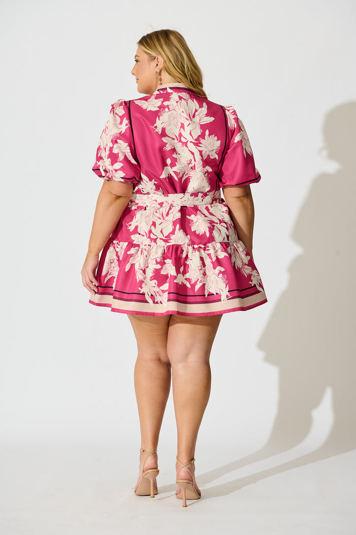 Fione Shirt Dress in Magenta Floral Satin back