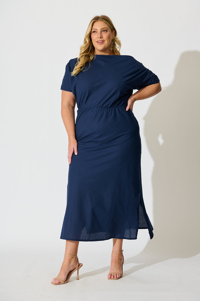 Saffron Sky Maxi Off Shoulder Dress in Navy Cotton curve