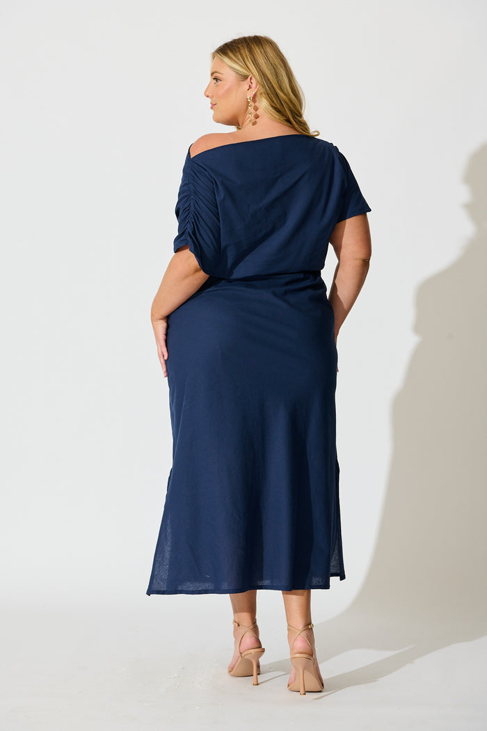 Saffron Sky Maxi Off Shoulder Dress in Navy Cotton back