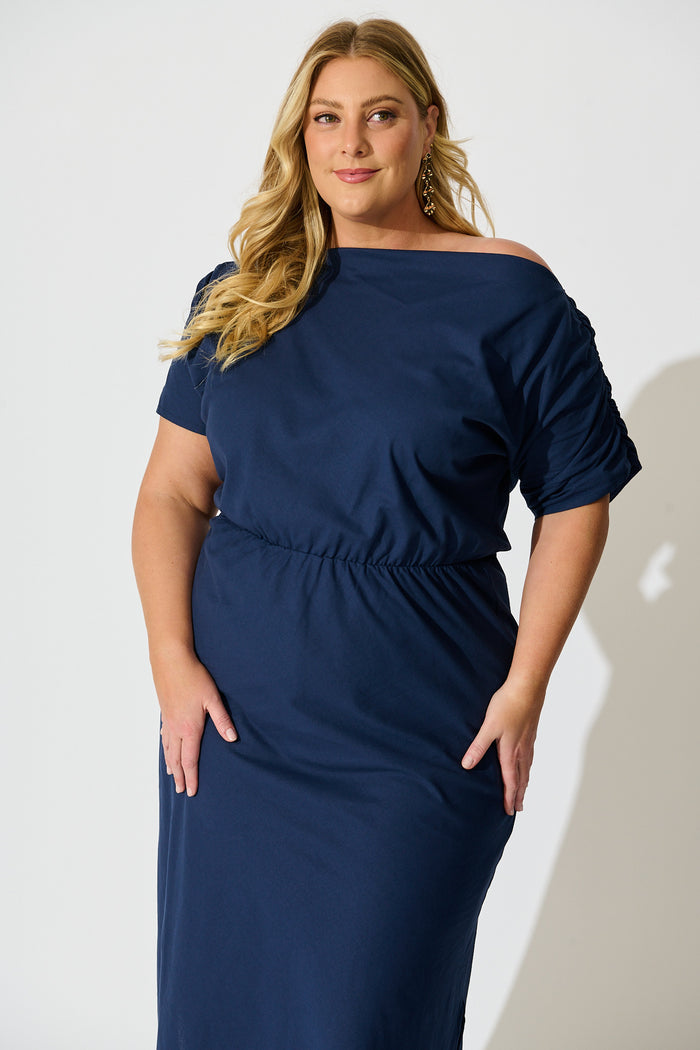 Saffron Sky Maxi Off Shoulder Dress in Navy Cotton front