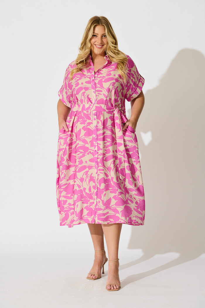 Hartlee Midi Shirt Dress in Cream and Pink Print Linen Blend curve