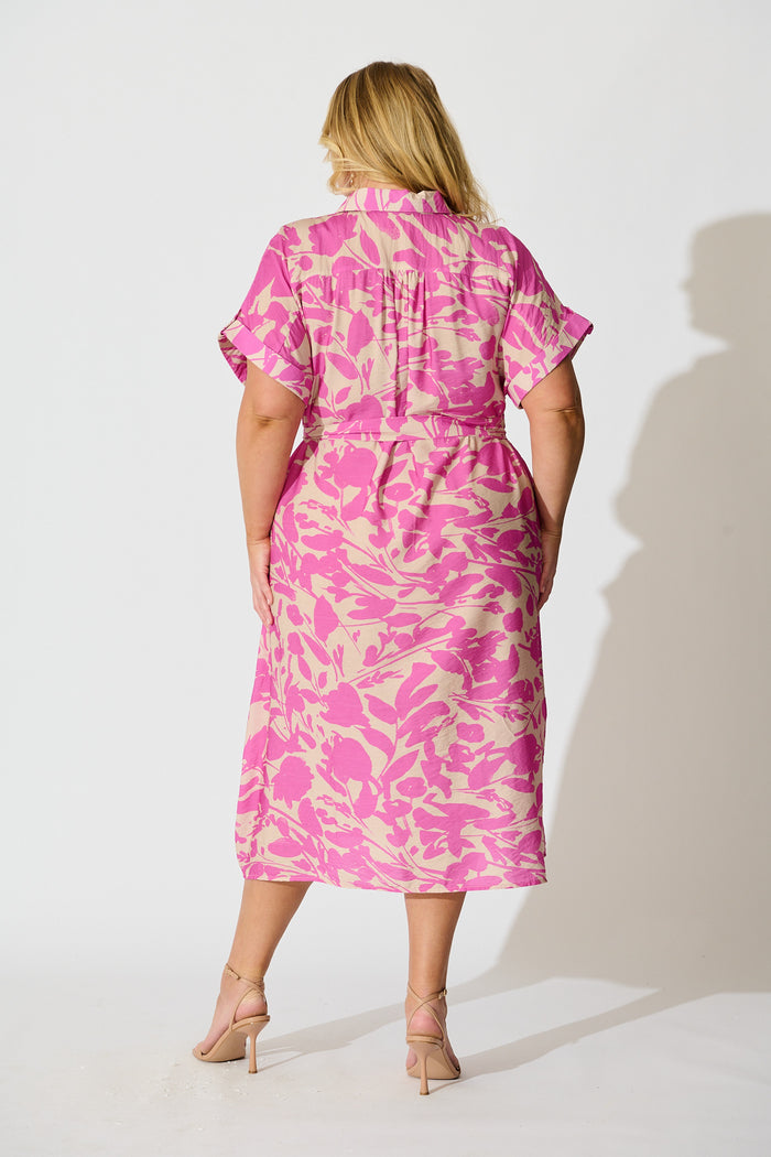 Hartlee Midi Shirt Dress in Cream and Pink Print Linen Blend back