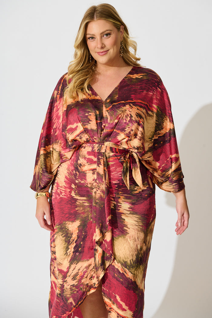 Joyful Midi Dress in Multi Watercolour Satin front