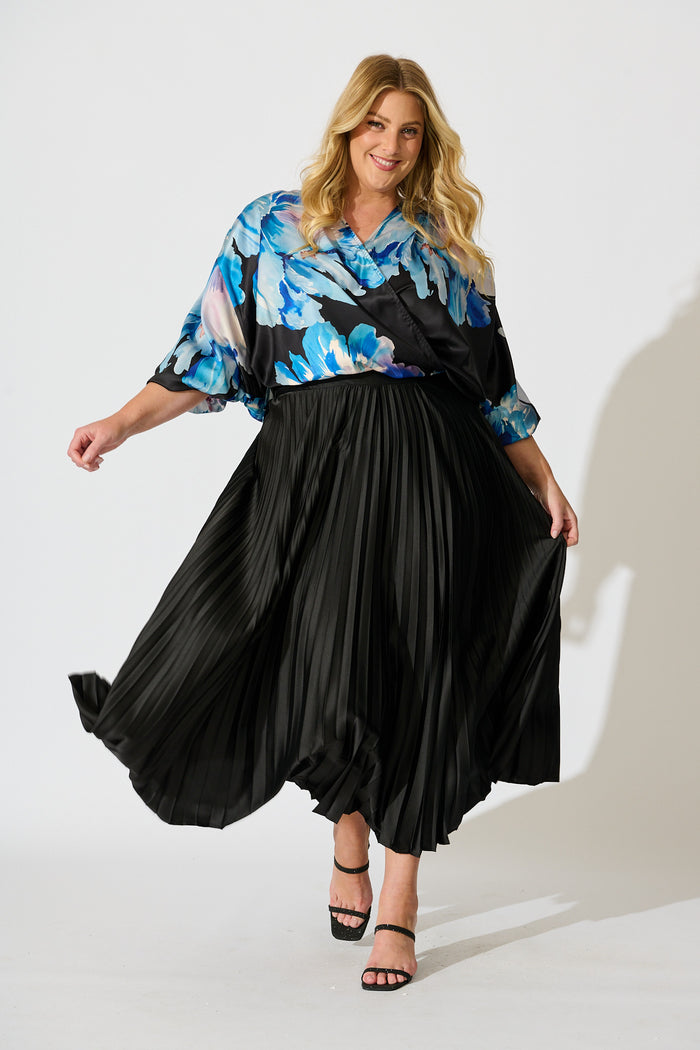 Solita Top in Black with Blue Floral Satin full length