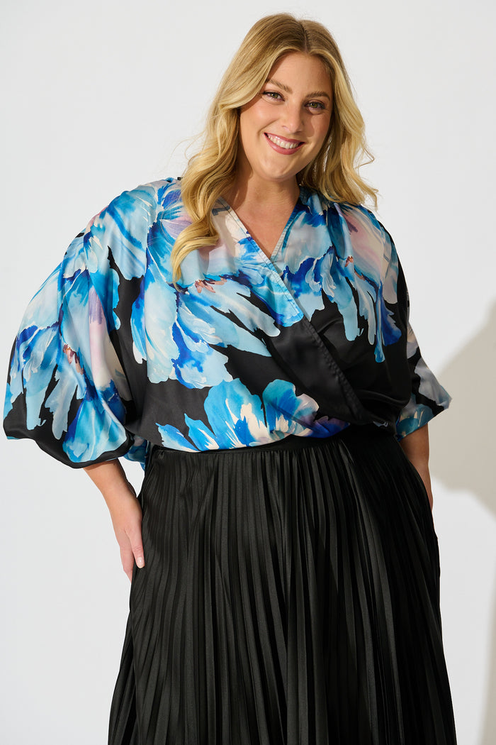 Solita Top in Black with Blue Floral Satin curve