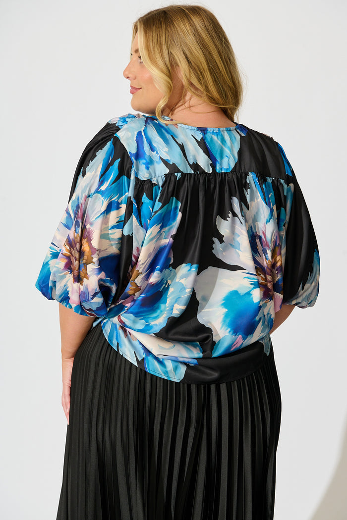 Solita Top in Black with Blue Floral Satin back