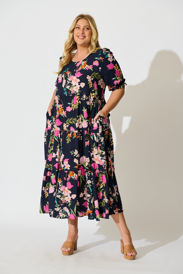 Nevi Tiered Midi Dress In Navy Multi Floral curve