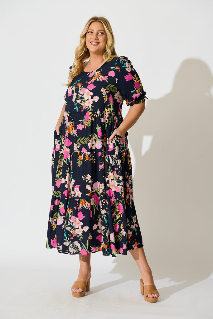 Nevi Tiered Midi Dress In Navy Multi Floral curve