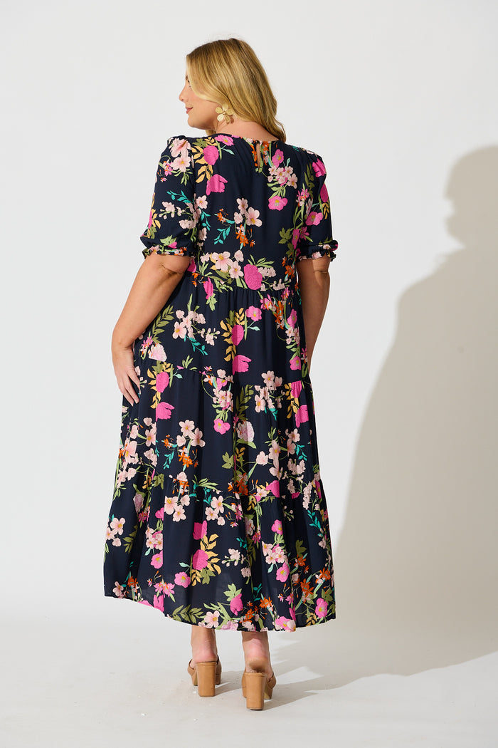 Nevi Tiered Midi Dress In Navy Multi Floral back