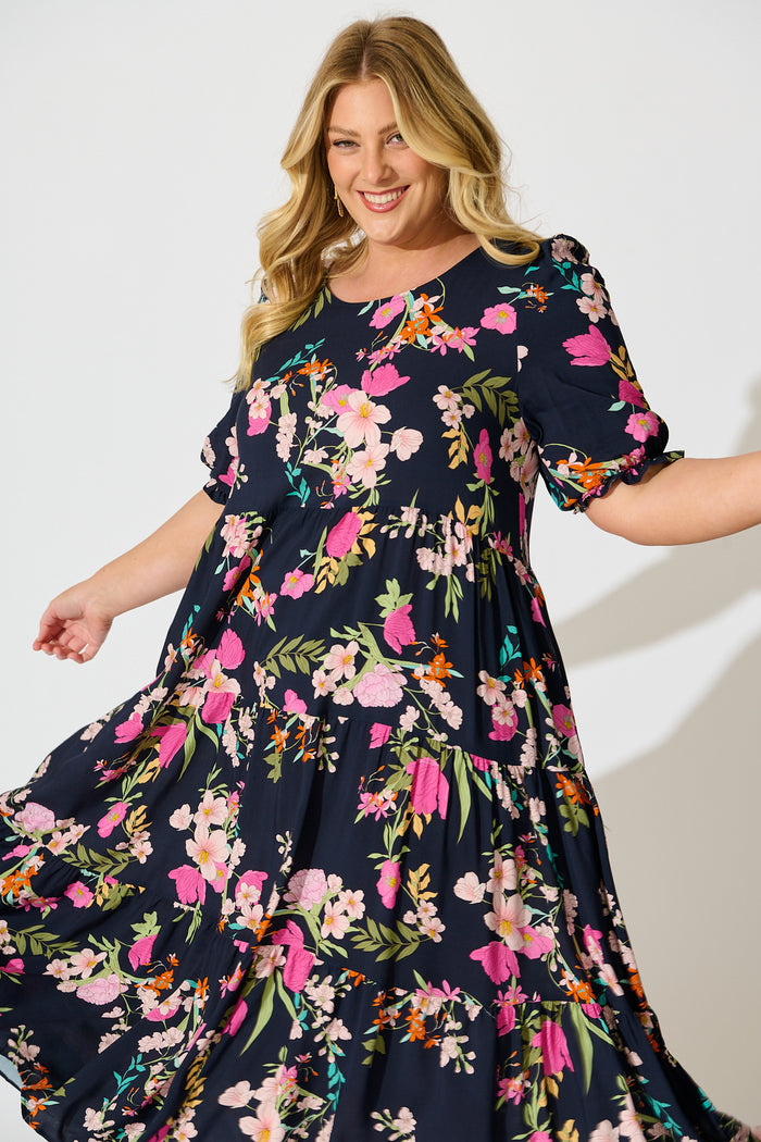 Nevi Tiered Midi Dress In Navy Multi Floral front
