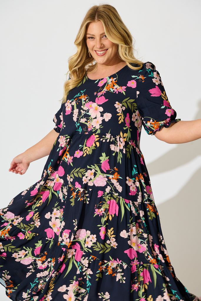 Nevi Tiered Midi Dress In Navy Multi Floral front